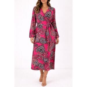 LOFT Bright Pink Paisley Wrap Midi Dress Long Sleeve Women’s XL